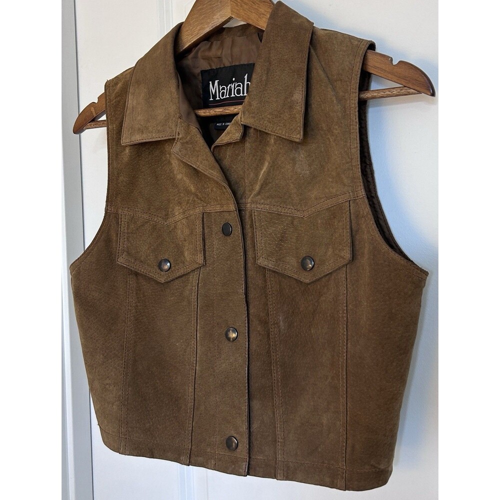 Vintage Brown Leather Vest Women Small Cropped Western Snap Button Moto Biker - Picture 2 of 12